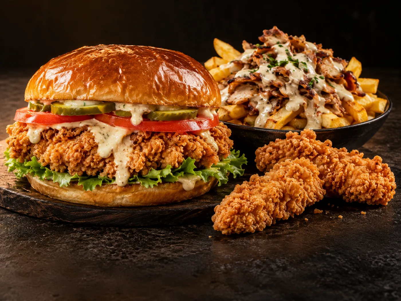Crispy chicken sandwich with fried chicken pieces and loaded fries