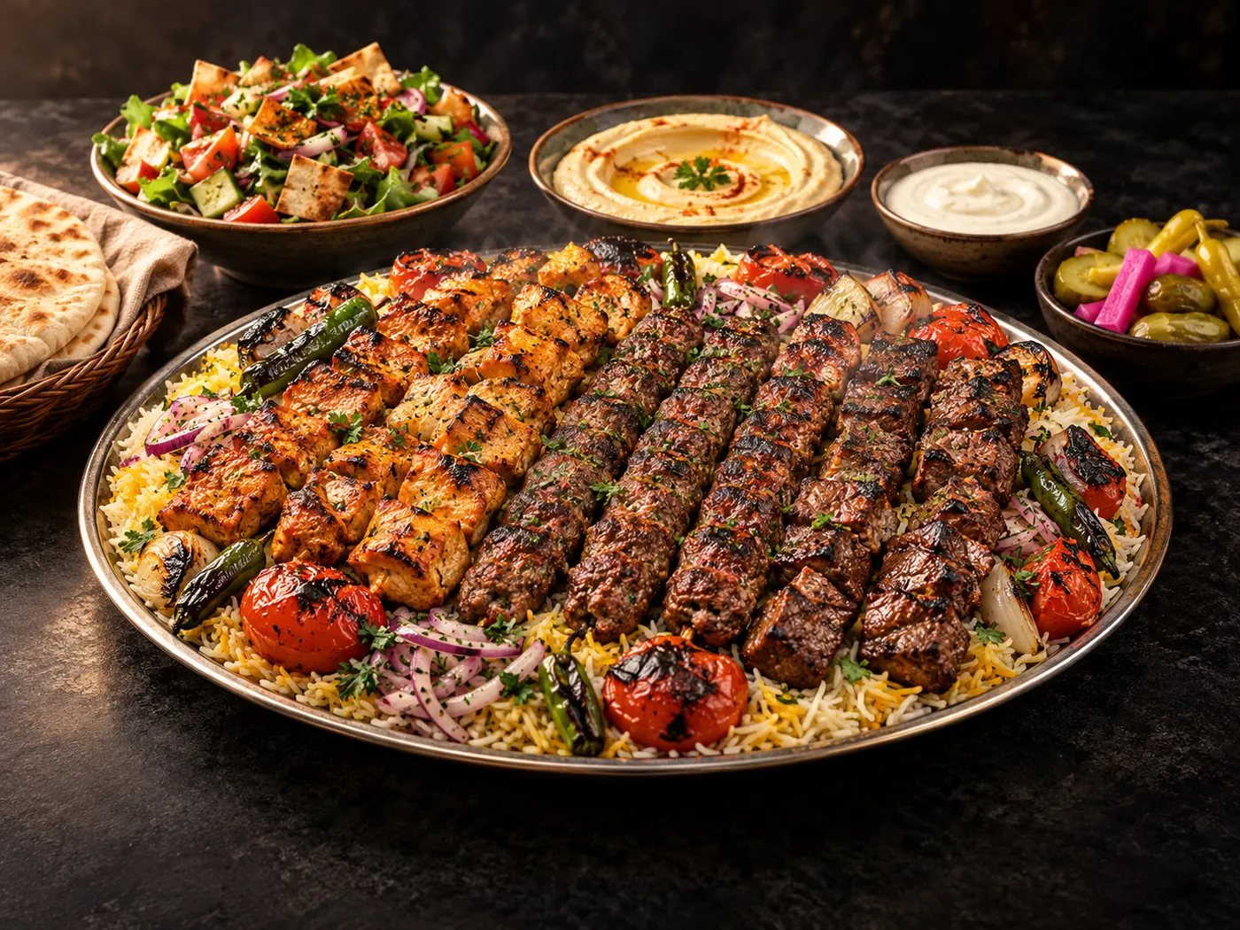 Family BBQ platter of skewers over rice with hummus and salad