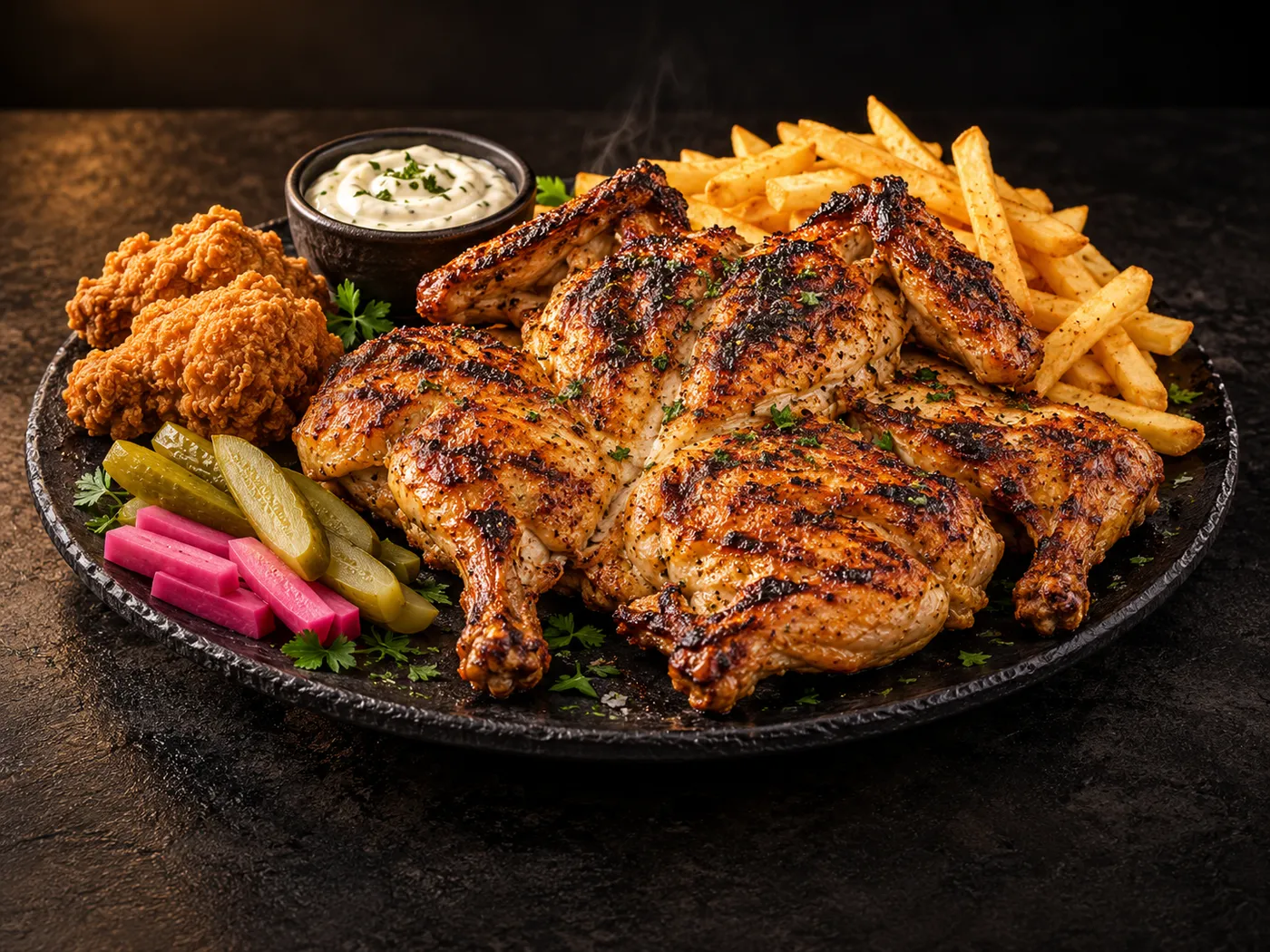 Charcoal grilled chicken platter with fries, pickles and garlic sauce