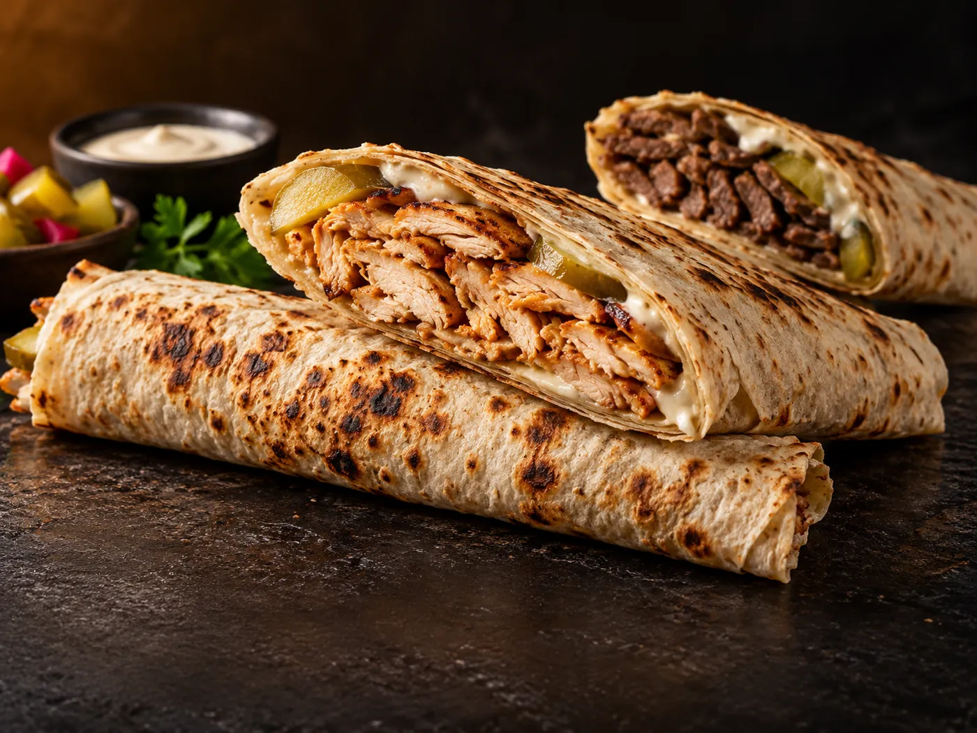 Saj shawarma wraps cut open, with garlic sauce and pickles